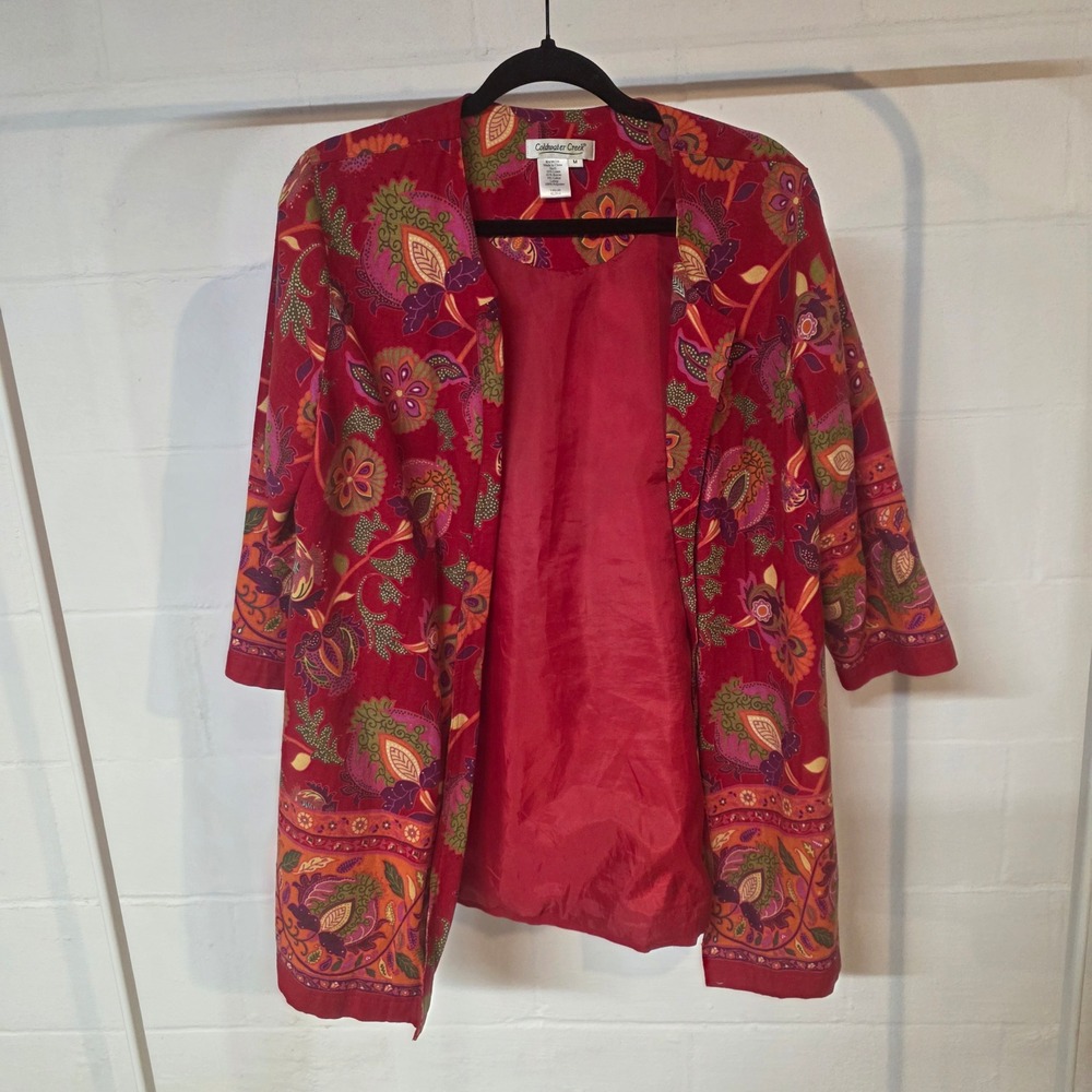 Vintage Coldwater Creek Red Floral Linen Blend Kimono Style Jacket Paisley Bold
